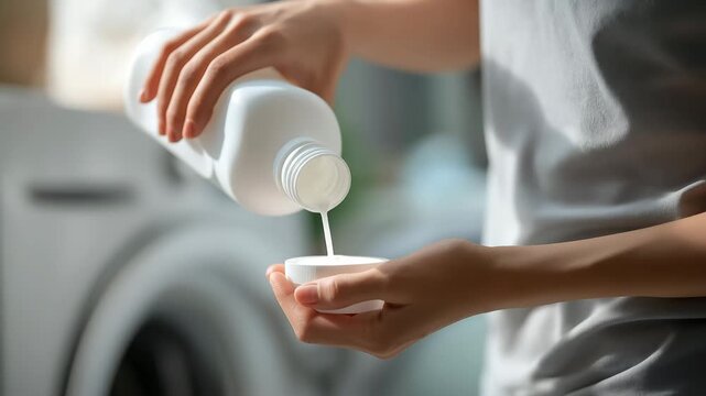 Woman housewife holding a detergent bottle on hand while pouring liquid detergent or fabric softener into a plastic cap, before adding to a washing machine