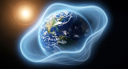 Obraz premium Stunning Earth protected by luminous blue energy shield against solar flare in vast starry cosmos