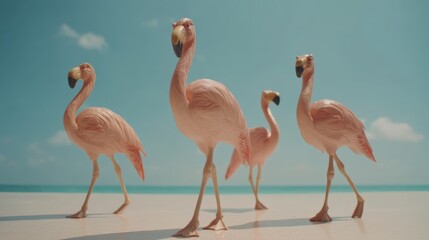 Fototapeta premium Flamingos walking on beach tropical paradise wildlife photography serene environment creative perspective