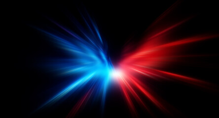 Vibrant blue and red lightning bolts collide intensely at the center against a stark black backdrop, radiating a powerful, electric energy.