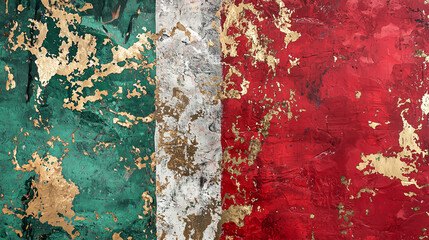 Artistic abstract texture with peeling gold paint over green, white, and red tricolor resembling a worn flag design