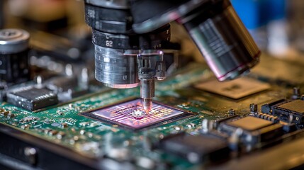 Advanced robotic arm precisely soldering integrated circuit on a green circuit board for modern electronics manufacturing