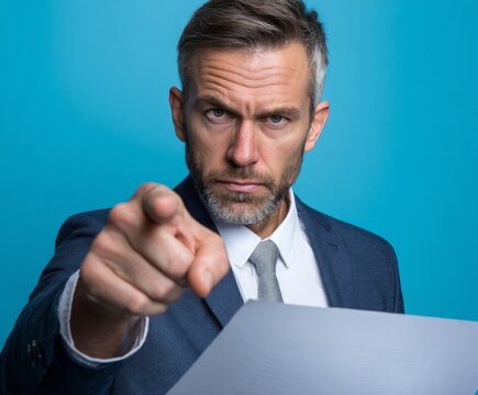 A mature man in a business suit points directly at the viewer with a serious and accusatory expression, holding a folder.