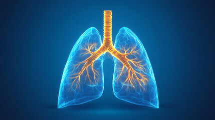 3D illustration of human lungs with glowing bronchi and vibrant colors on a blue background.
