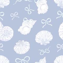 Pastel Seashell Bow Pattern, Watercolor Ocean Shells and Ribbons, Cute Nautical Seamless Digital Paper for Scrapbooking PNG