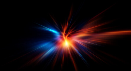 Vibrant light bursts from the center, casting dynamic blue and orange energy streaks across a dark backdrop. Abstract and energetic display of light and color.