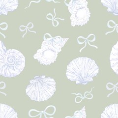 Pastel Seashell Bow Pattern, Watercolor Ocean Shells and Ribbons, Cute Nautical Seamless Digital Paper for Scrapbooking PNG
