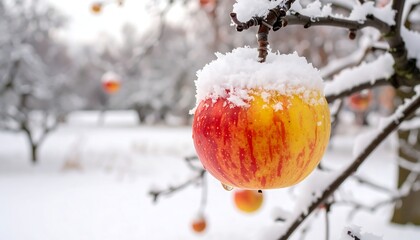 A snow-covered apple hangs on a branch in a winter orchard