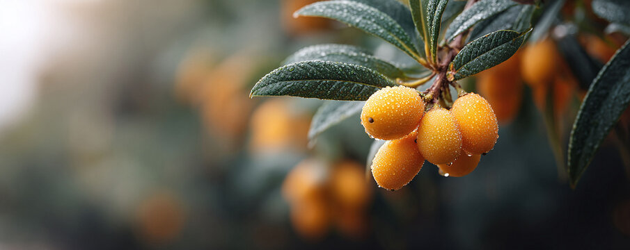 Vibrant cluster of ripe, golden fruit with delicate water droplets clinging to the lush green foliage. Symbolizes freshness, abundance, and natural beauty. Perfect for food, health or nature themes.