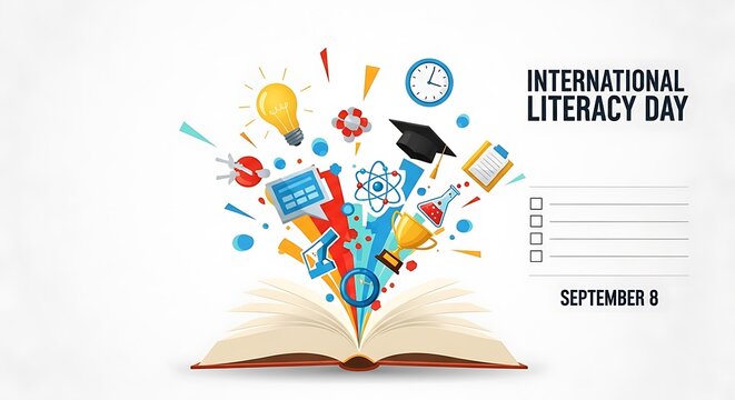 Unlock knowledge and celebrate learning with vibrant educational icons bursting from an open book