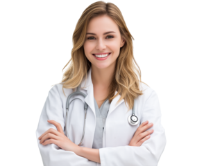 female doctor smiling with arms crossed, isolated on a transparent background.
