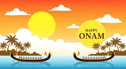 Vibrant Onam festival celebrated with thrilling snake boat races under a warm sunset sky with palm trees