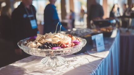 Naklejka premium Gourmet food display at conference event center photography elegant setting close-up culinary art