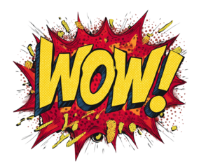 the word  written in an explosion of yellow and red comic-style text, on a white background, with a vector design in a pop art style, resembling a clipart image on a transparent png with no shadows.