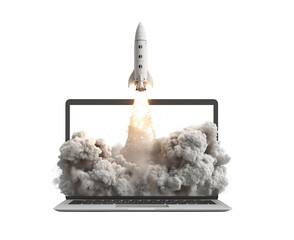  a laptop with a rocket emerging from the screen, set against a white background with a transparent png. 