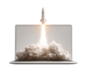  a laptop with a rocket emerging from the screen, set against a white background with a transparent png.