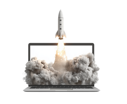  a laptop with a rocket emerging from the screen, set against a white background with a transparent png.  - Powered by Adobe
