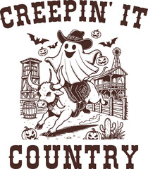 Creepin' It Country – Funny Ghost Riding Bull in Wild West Scene, Country Halloween Illustration with Cactus, Barn, and Pumpkin Details