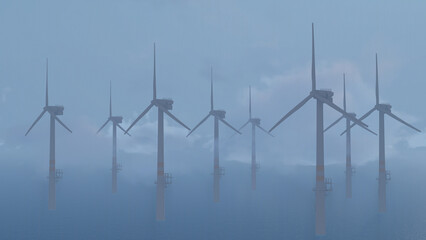 Group of wind turbines generating renewable energy in a foggy environment