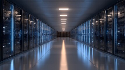 Modern server room corridor with blue and orange neon lights reflecting on a polished floor