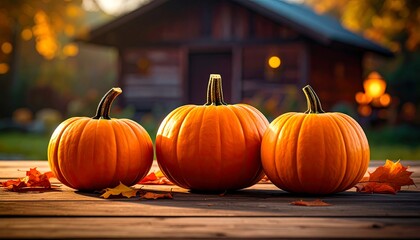 Three pumpkins on a rustic wooden table, autumn leaves, blurred fall cabin in background