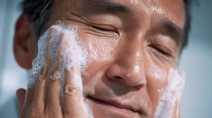 男性が泡で洗顔中の近接ショット｜室内バスルームで清潔感あるリラックスした雰囲気