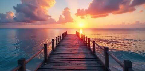 Fototapeta premium Rustic wooden pier extends into calm ocean water at sunset, creating a tranquil scene perfect for backgrounds Ideal for travel, vacation, coastal, or nautical themes , wooden, blue hour, peaceful