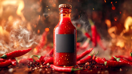 A bottle of spicy hot sauce with a blank mockup label surrounded by red chili peppers and smoke, evoking a fiery and intense flavor