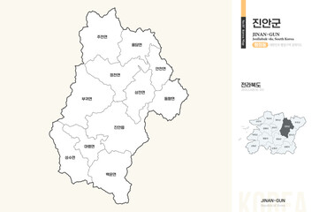 Obraz premium 전라북도 진안군 행정동 윤곽선 지도