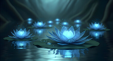 Fototapeta premium Serene Lotus Flowers Glowing in a Mystical Pond