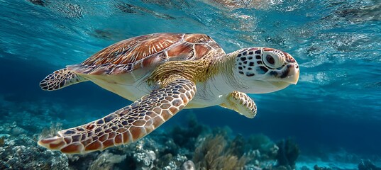 Fototapeta premium Sea turtle swimming ocean wildlife marine animal underwater aquatic reptile nature photography travel vacation