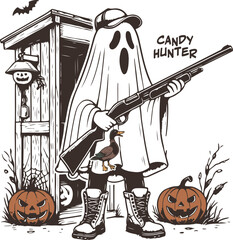 Candy Hunter – Funny Halloween Ghost Dressed as Duck Hunter with Shotgun, Pumpkins and Duck, Country Spooky Illustration for Trick or Treat Season