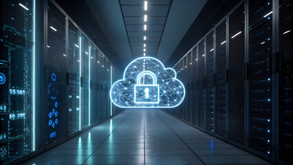 Digital glowing cloud with padlock icon hovering in futuristic data center corridor symbolizing secure cloud computing, data encryption and cybersecurity infrastructure solutions