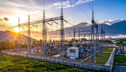 A power station at sunrise, amidst mountains and greenery
