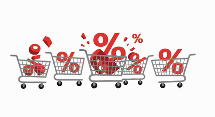 Shopping carts overflowing with red percentage symbols. Dynamic illustration perfect for sales, discounts, and promotions