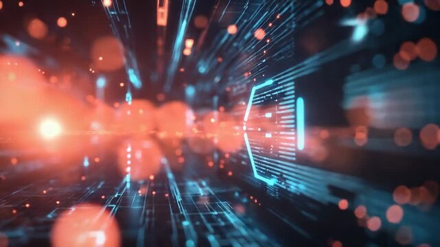 Digital data flowing through cyberspace with code brackets and light particles