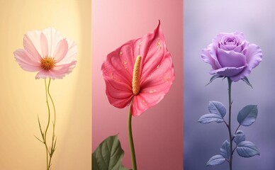 Obraz premium Three pink and purple tulips stand upright in a clear glass vase, showcasing smooth petals and a symmetrical, repetitive floral pattern against a light background, suggesting springtime.