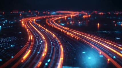 Orange and blue data streams flowing on digital circuit board - Powered by Adobe