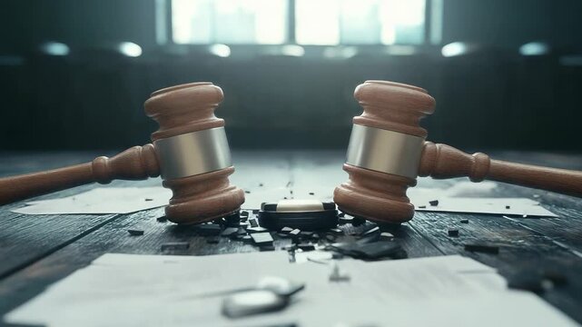 Judge's gavels breaking on a table with scattered documents