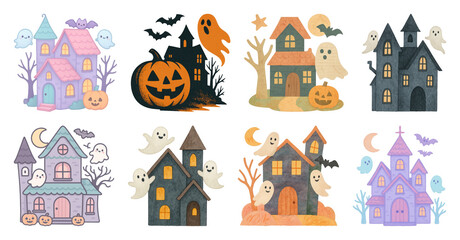 Naklejka premium PNG Whimsical haunted house illustrations, element set on transparent background