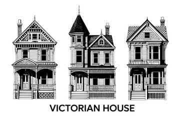 Fototapeta premium Three Victorian House Illustrations: Black and White Architectural Drawings