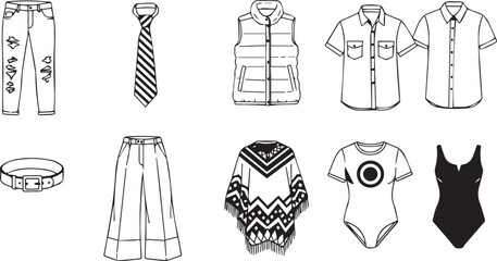 Line art icons of casual and formal clothing for men and women