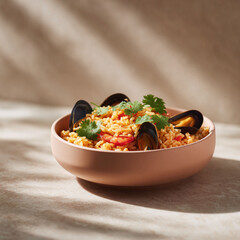 Delicious seafood rice with mussels and fresh herbs in a stylish bowl, illuminated by warm, natural light. Perfect for food blogs, menus, or culinary publications.