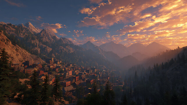 A sunset view of a tranquil mining town nestled in between mountains (2)