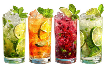 Moscow Mule, Mint Julep, Caipirinha, Gin Rickey cocktail PNG set bundle, transparent isolated background. Mixology, bar menu cocktails, colorful vibrant refreshing drink with garnish