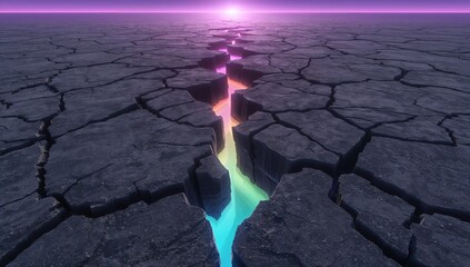 Vibrant glowing fissure cracks through barren dry cracked earth under a purple sunset sky