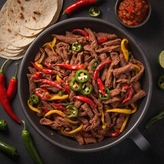 Extra spicy fajitas with jalapenos and chili peppers, isolated on white background, fiery Tex-Mex dish.

