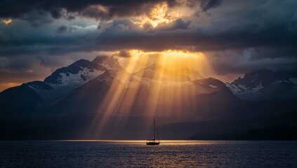 Dramatic sunbeams pierce stormy clouds over majestic mountains and water