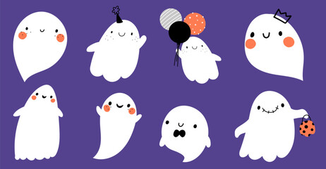 Cute ghost halloween characters. Ideal for party poster, invitations, design elements.