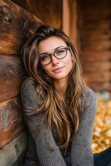 Rustic autumn portrait of young woman in cozy fashion style